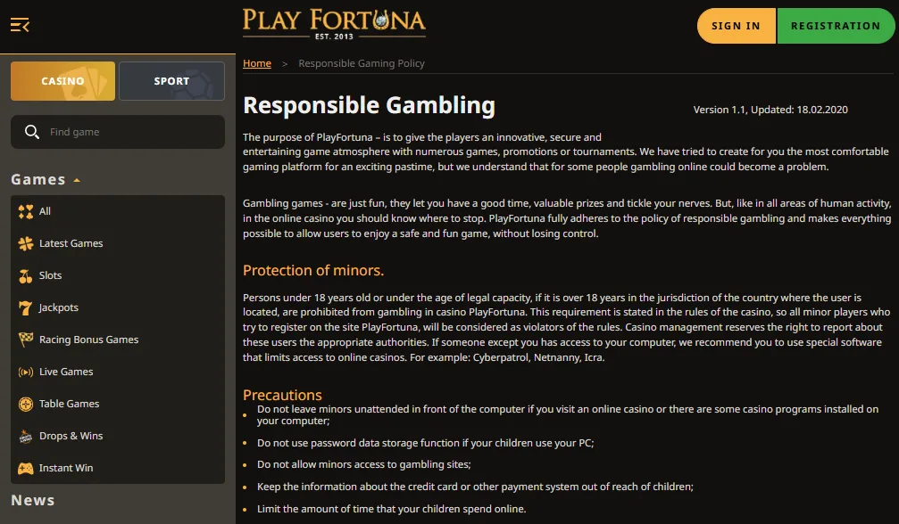 Screenshot of Play Fortuna's responsible-gambling tools