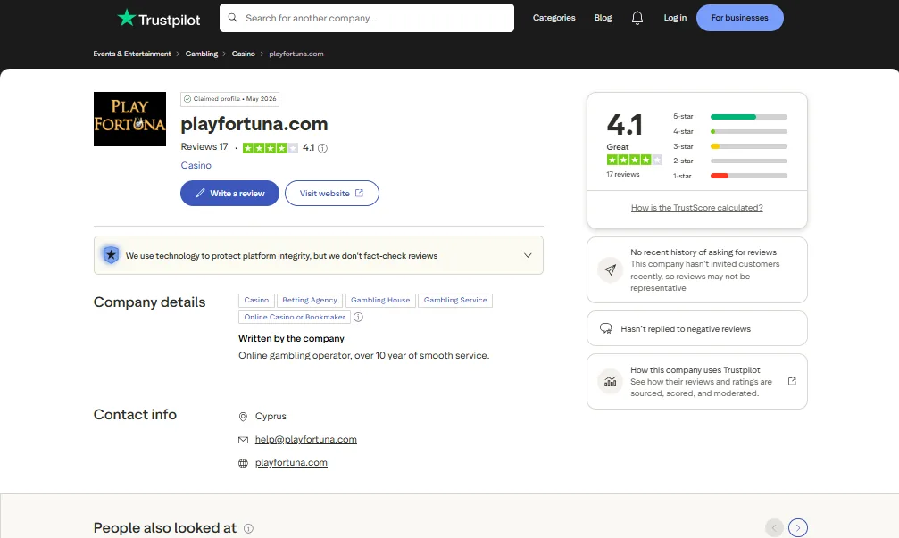 Screenshot of Play Fortuna's Trustpilot rating overview