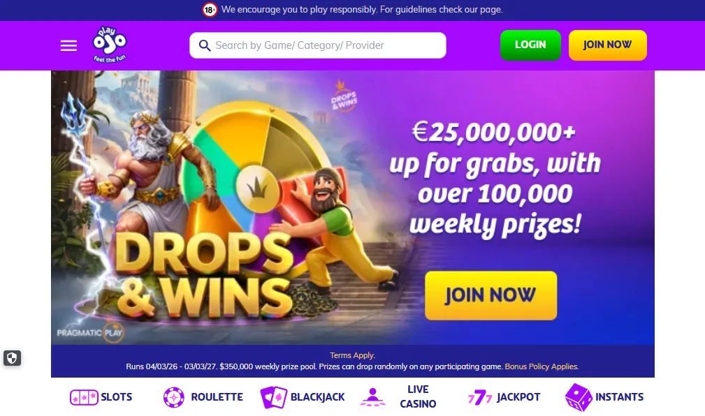 Screenshot of PlayOJO's welcome bonus offer