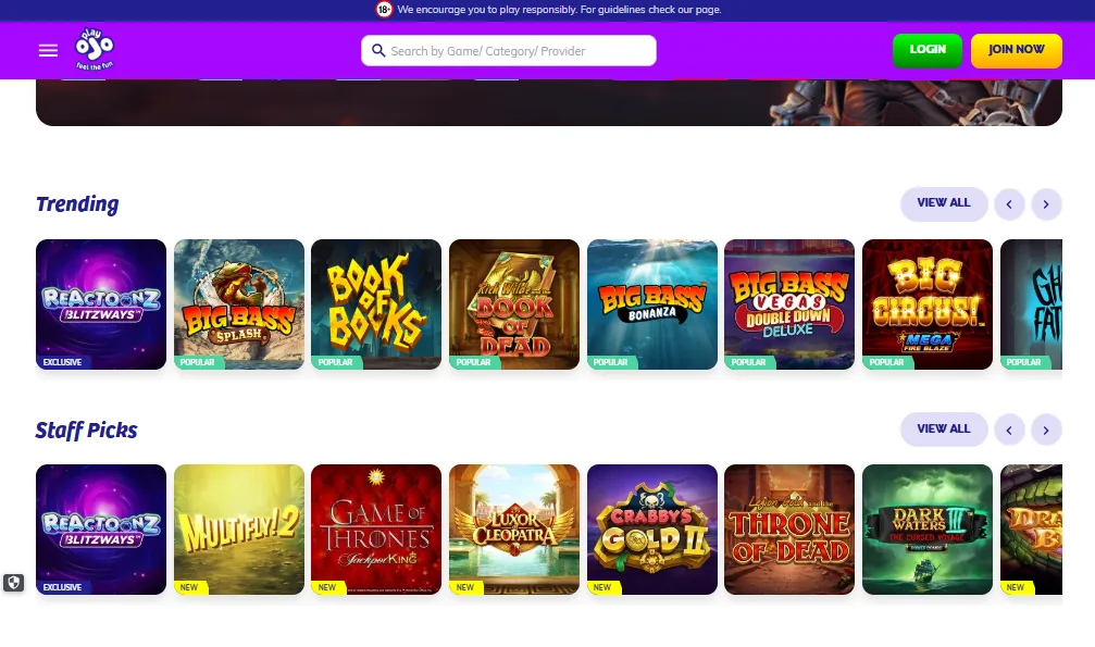Screenshot of PlayOJO's games lobby