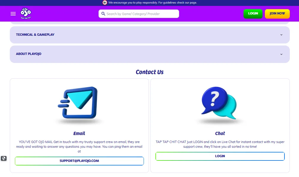 Screenshot of PlayOJO's live chat support window