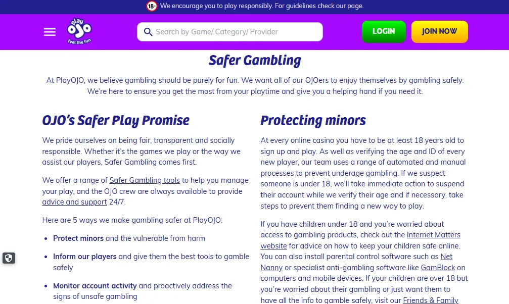 Screenshot of PlayOJO's responsible-gambling tools