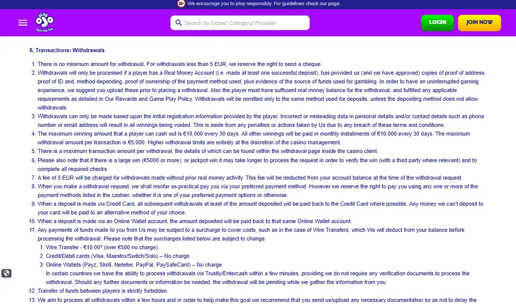 Screenshot of PlayOJO's withdrawal section and limits