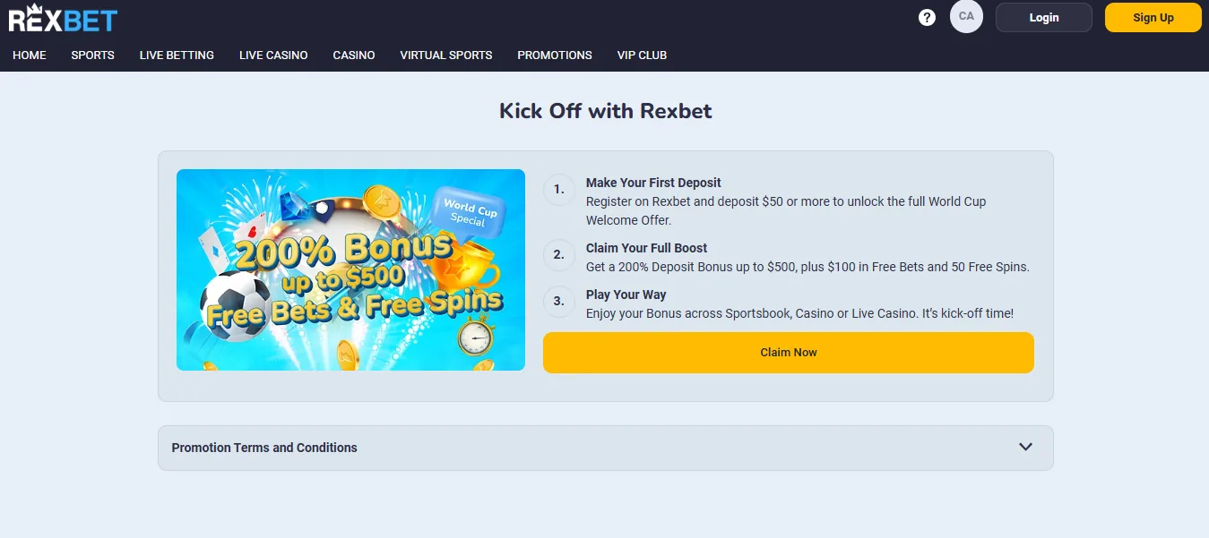Screenshot of Rexbet's welcome bonus offer
