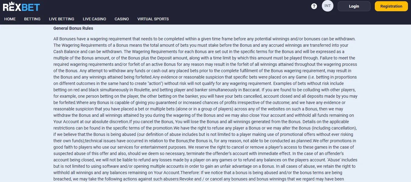 Screenshot of Rexbet's bonus terms and wagering requirements