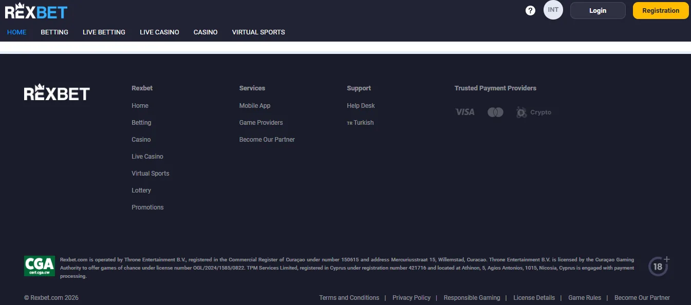 Screenshot of Rexbet's footer licence and regulator details