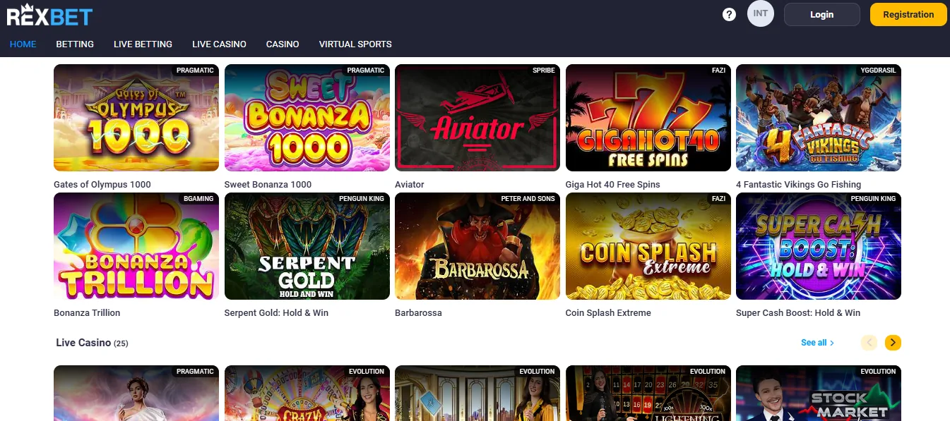 Screenshot of Rexbet's games lobby