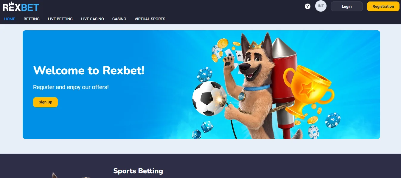 Screenshot of Rexbet's homepage
