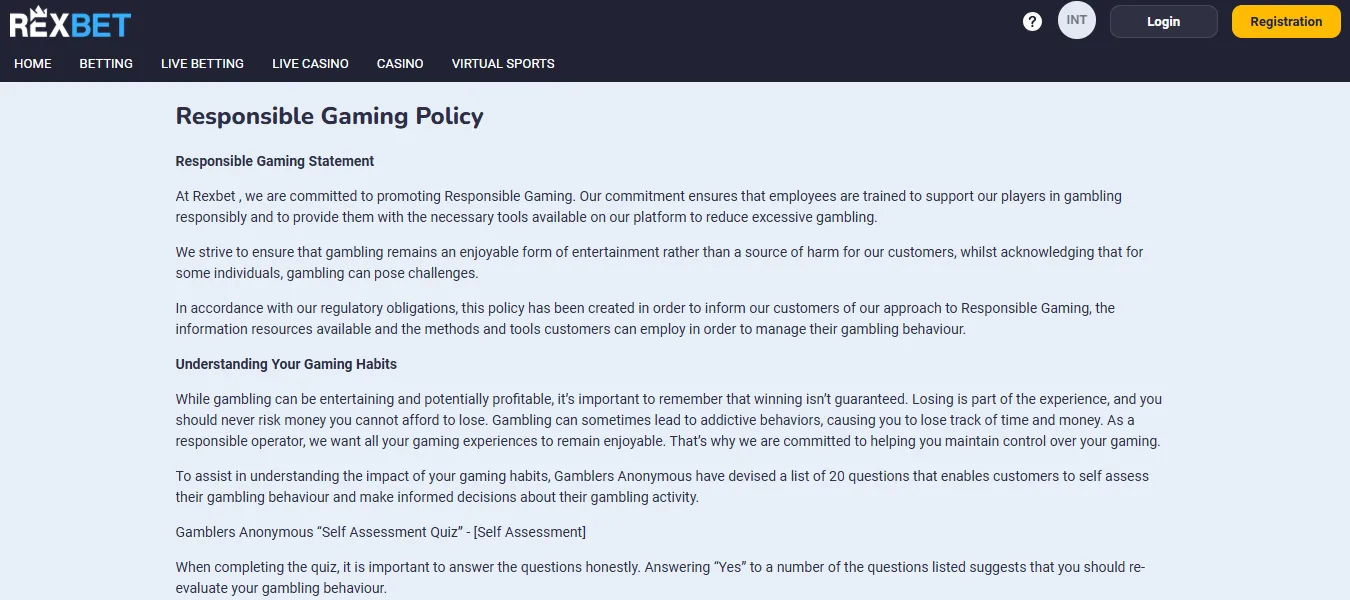 Screenshot of Rexbet's responsible-gambling tools