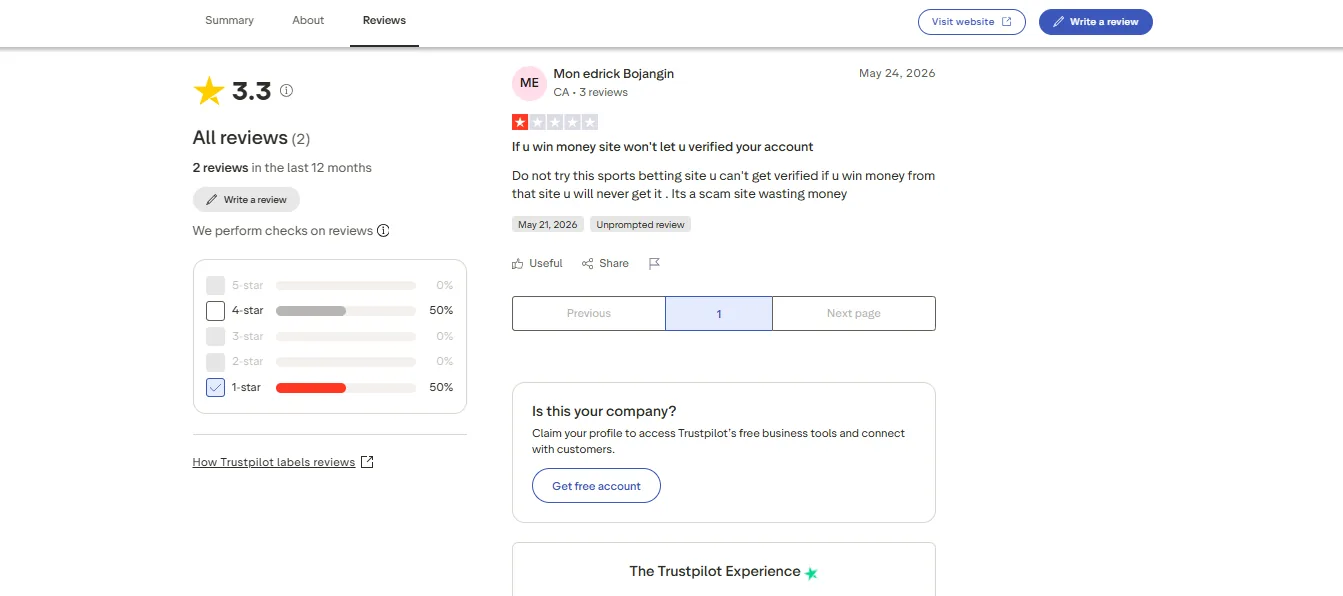 Screenshot of Rexbet's negative Trustpilot review