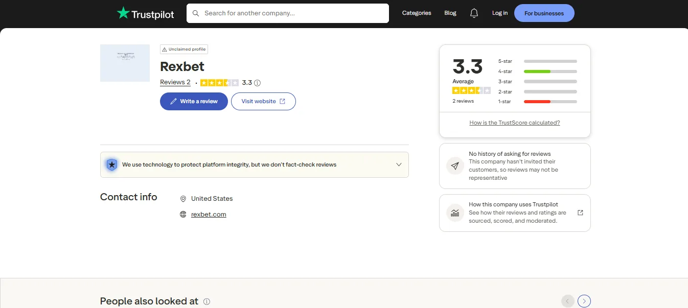 Screenshot of Rexbet's Trustpilot rating overview
