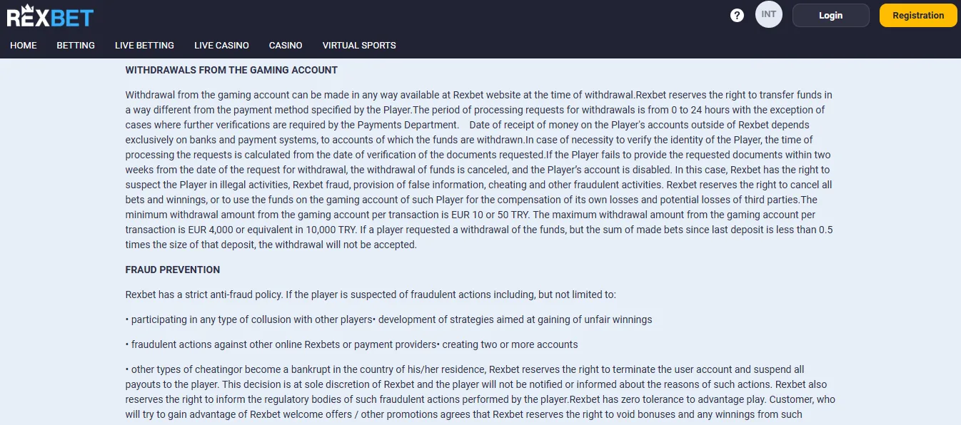 Screenshot of Rexbet's withdrawal section and limits