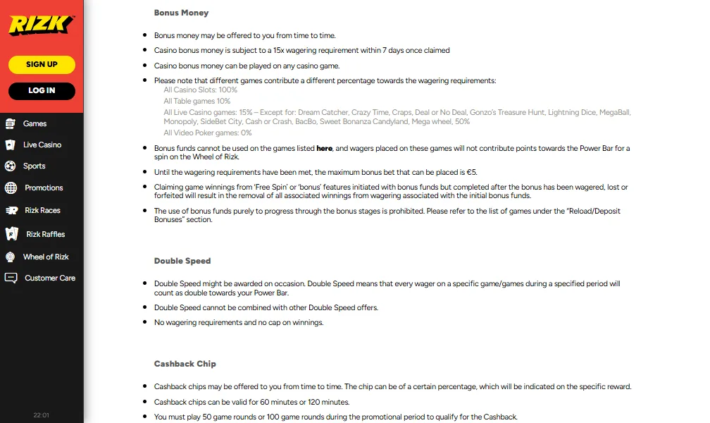 Screenshot of Rizk's bonus terms and wagering requirements