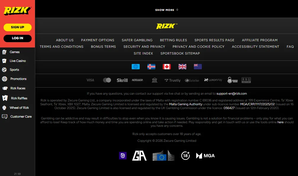 Screenshot of Rizk's footer licence and regulator details