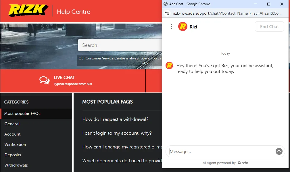 Screenshot of Rizk's live chat support window