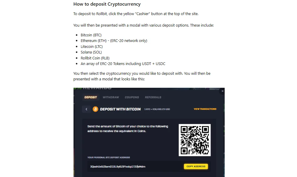 Screenshot of Rollbit's cashier and payment methods