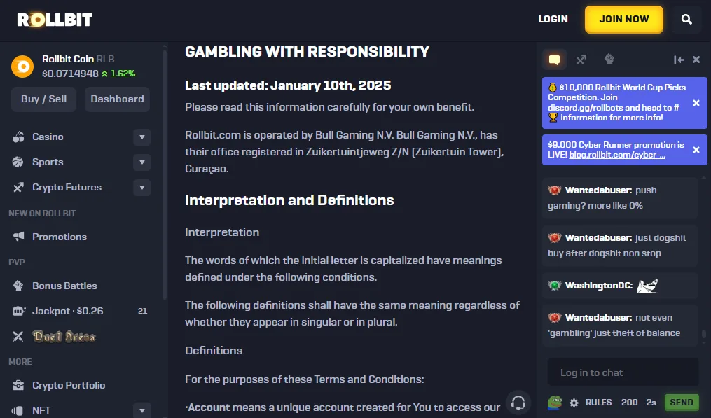Screenshot of Rollbit's responsible-gambling tools