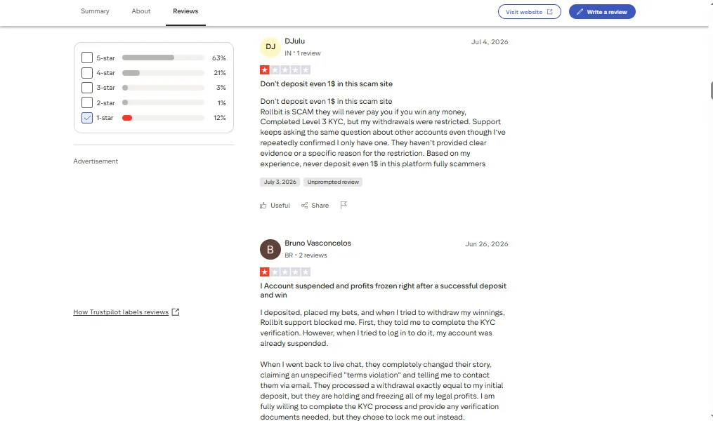 Screenshot of Rollbit's negative Trustpilot review