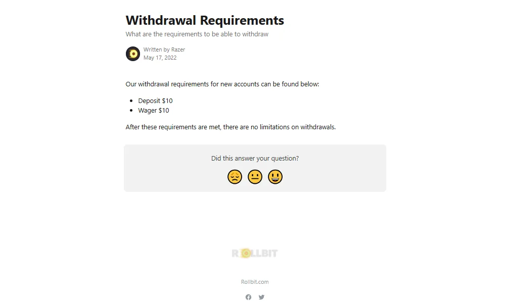 Screenshot of Rollbit's withdrawal section and limits