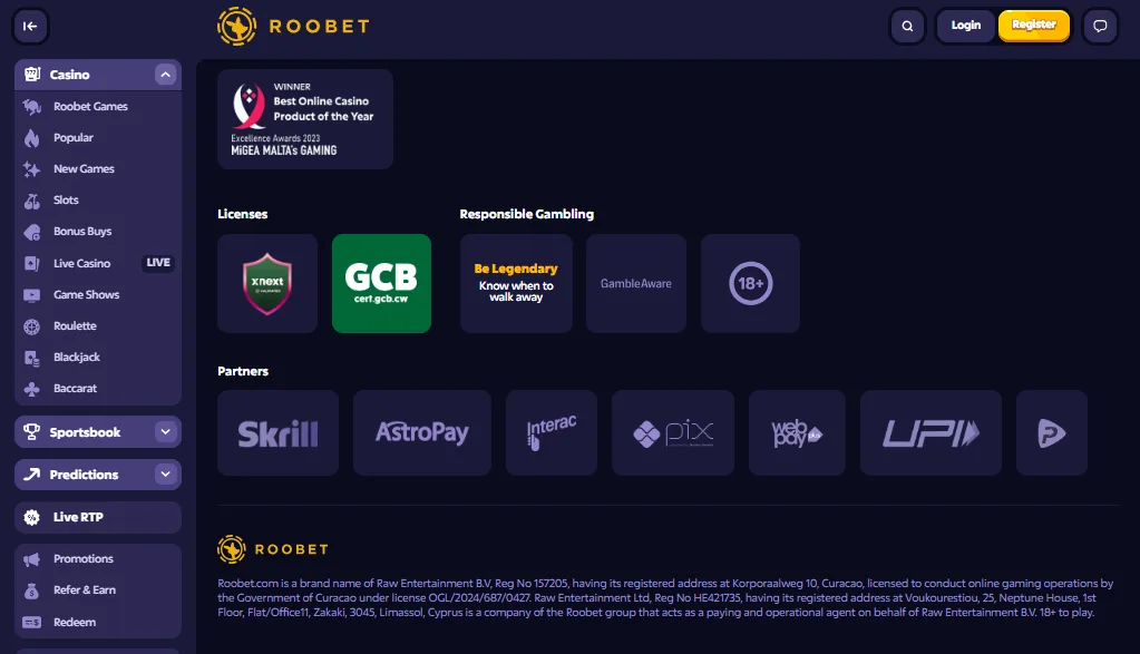 Screenshot of Roobet's footer licence and regulator details