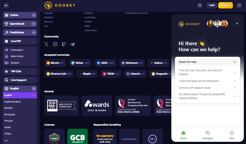 Screenshot of Roobet's live chat support window