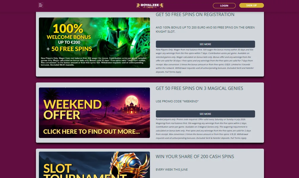 Screenshot of Royalzee's welcome bonus offer