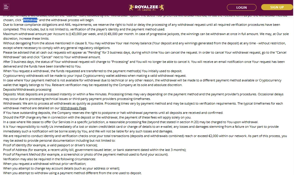 Screenshot of Royalzee's withdrawal section and limits