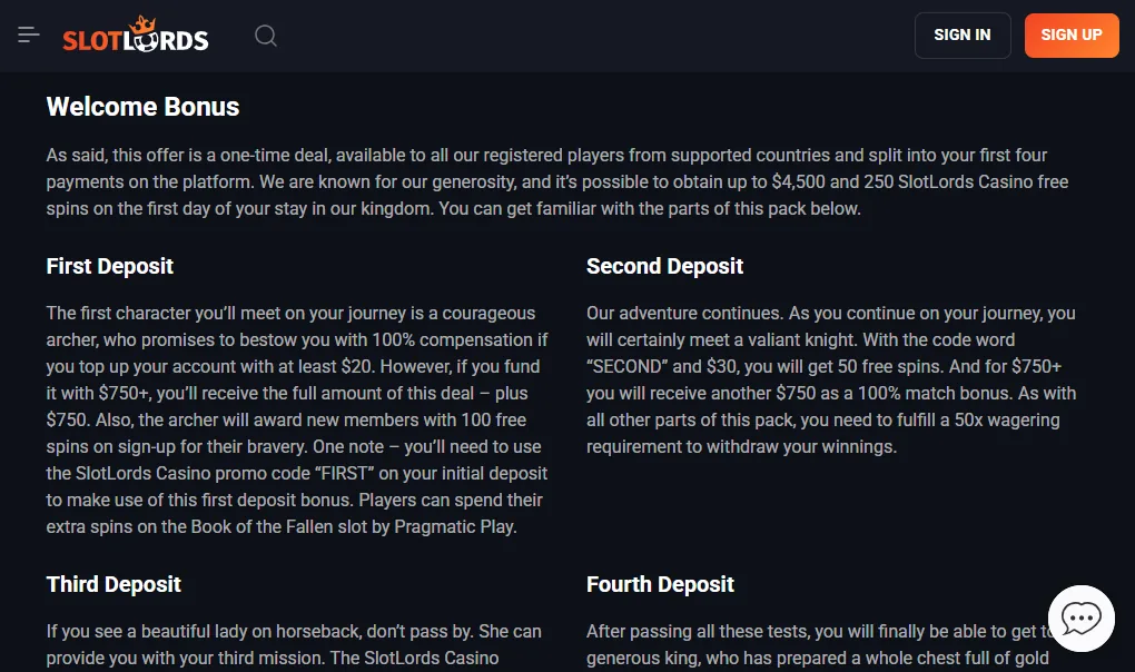 Screenshot of Slot Lords's bonus terms and wagering requirements