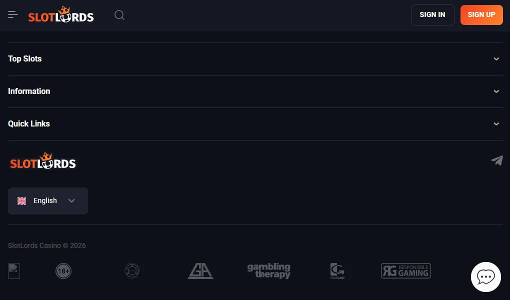 Screenshot of Slot Lords's footer licence and regulator details