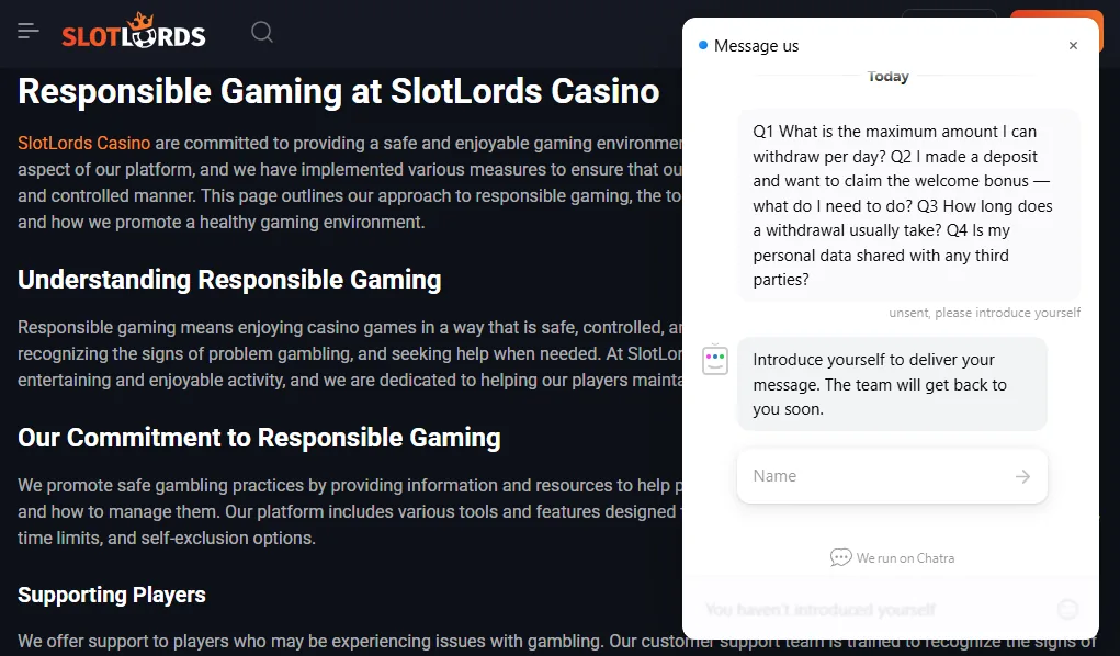 Screenshot of Slot Lords's live chat support window