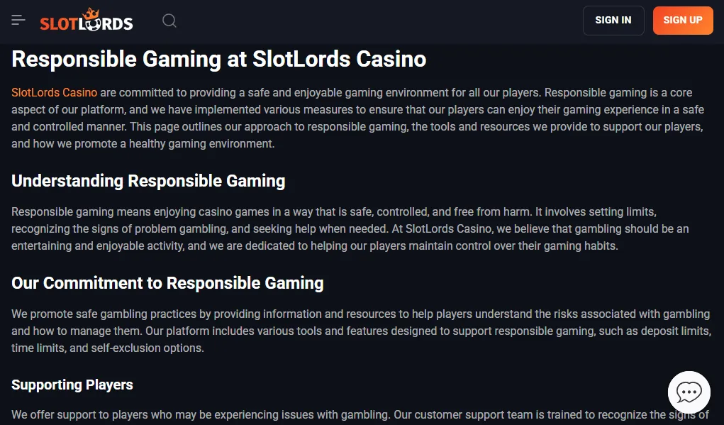Screenshot of Slot Lords's responsible-gambling tools