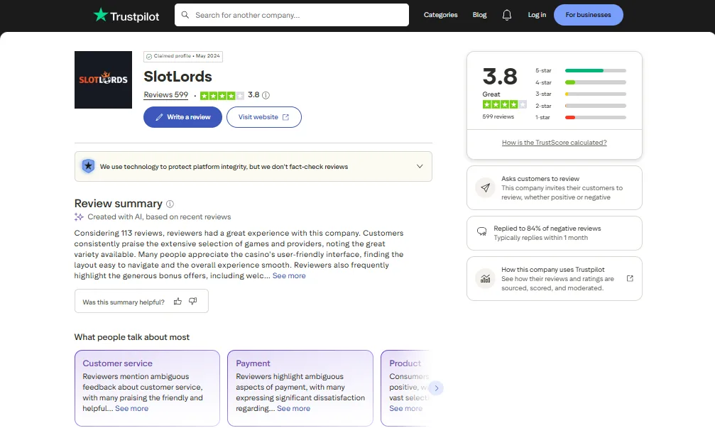 Screenshot of Slot Lords's Trustpilot rating overview