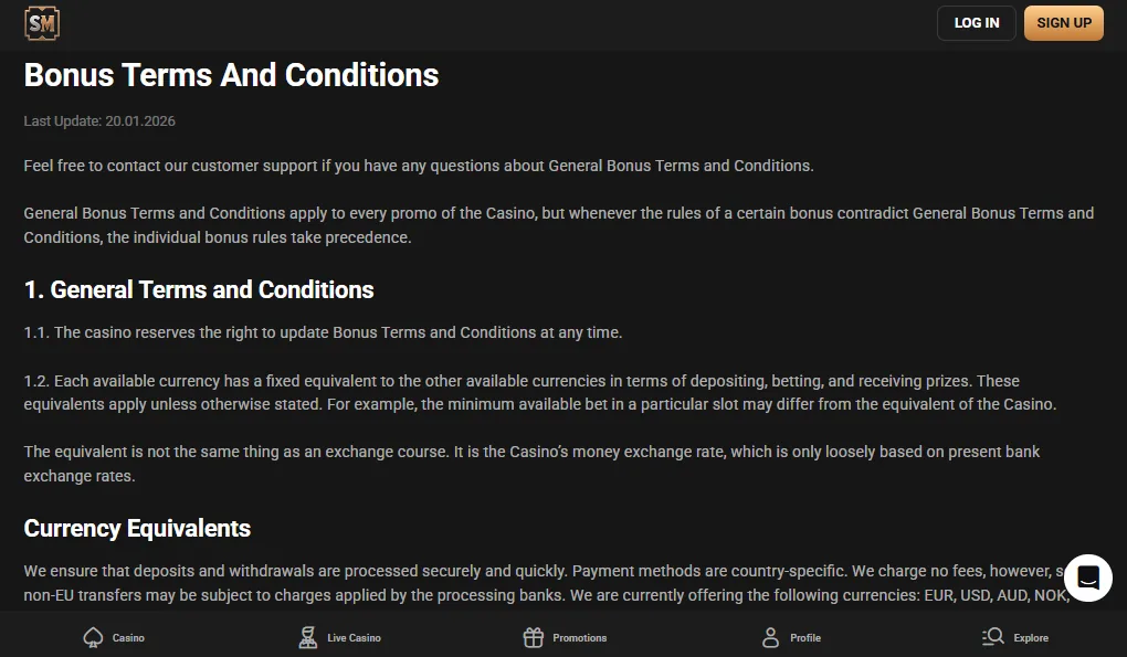 Screenshot of Slot Mafia's bonus terms and wagering requirements