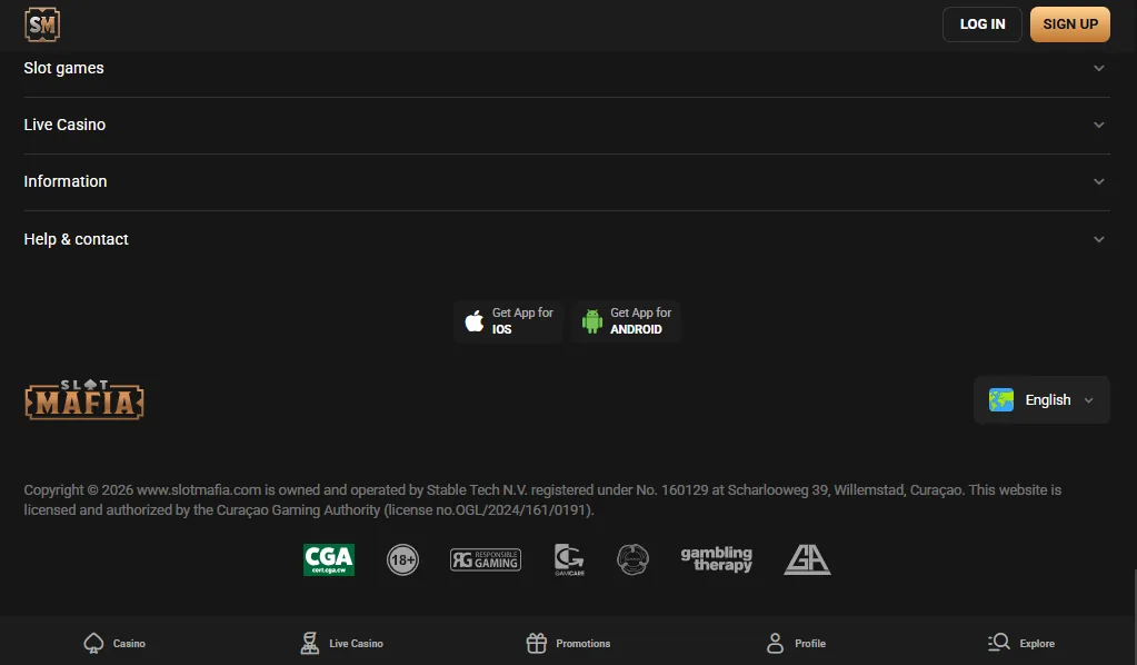Screenshot of Slot Mafia's footer licence and regulator details