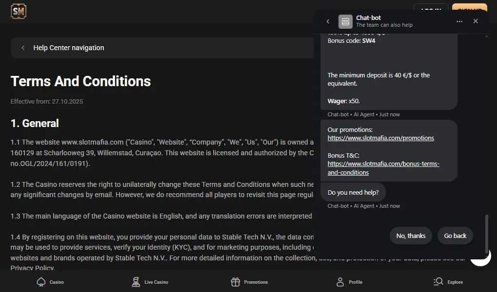 Screenshot of Slot Mafia's live chat support window