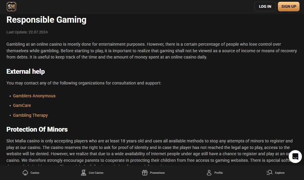 Screenshot of Slot Mafia's responsible-gambling tools