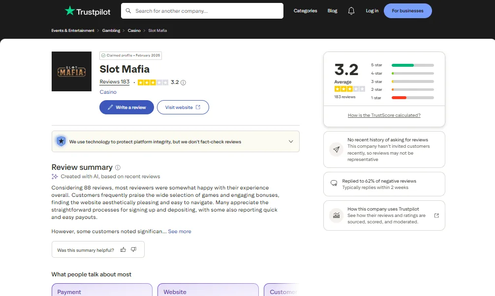 Screenshot of Slot Mafia's Trustpilot rating overview