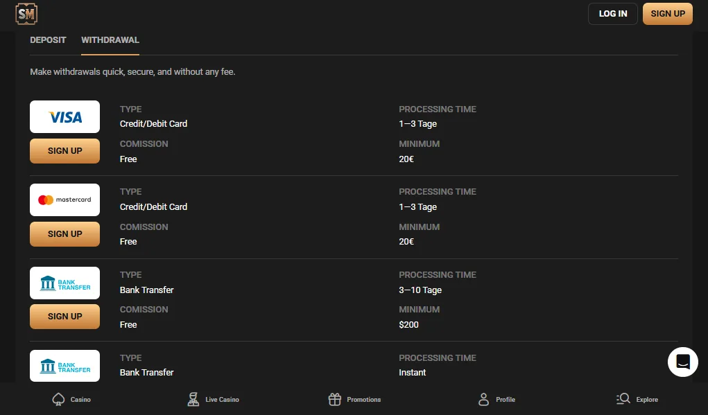 Screenshot of Slot Mafia's withdrawal section and limits