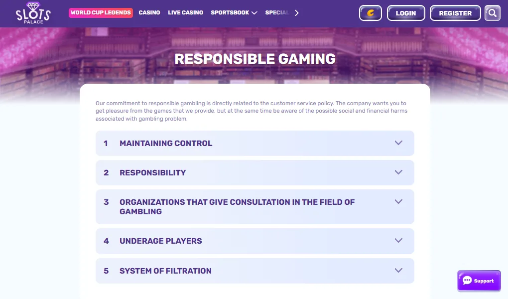 Screenshot of Slots Palace's responsible-gambling tools