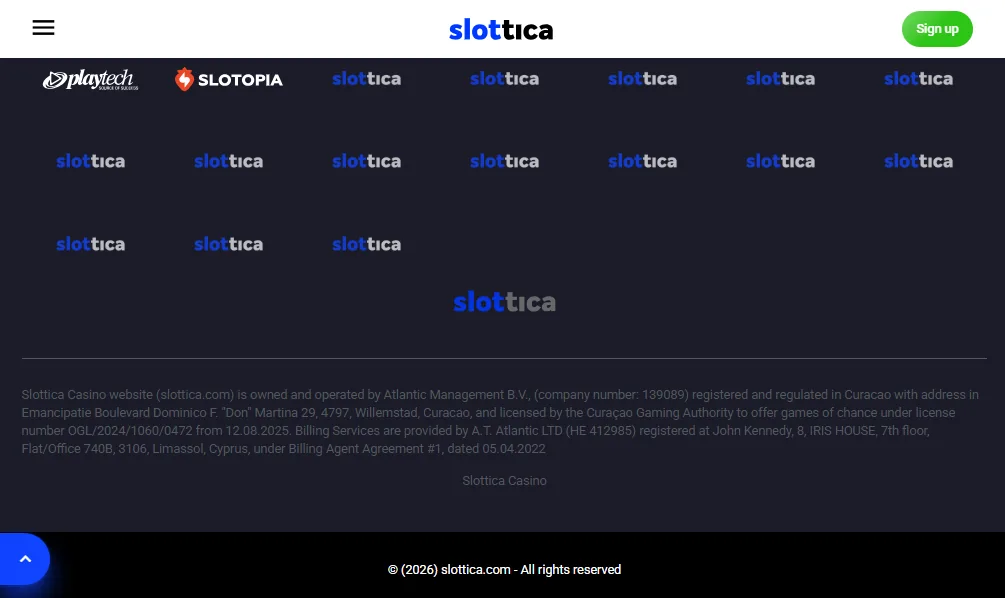 Screenshot of Slottica's footer licence and regulator details