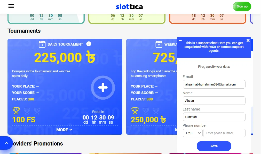 Screenshot of Slottica's live chat support window