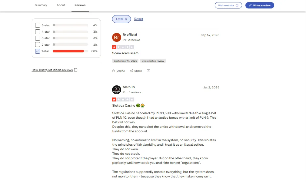 Screenshot of Slottica's negative Trustpilot review