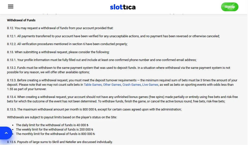 Screenshot of Slottica's withdrawal section and limits