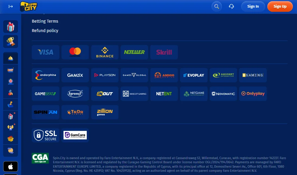 Screenshot of Spin City's cashier and payment methods