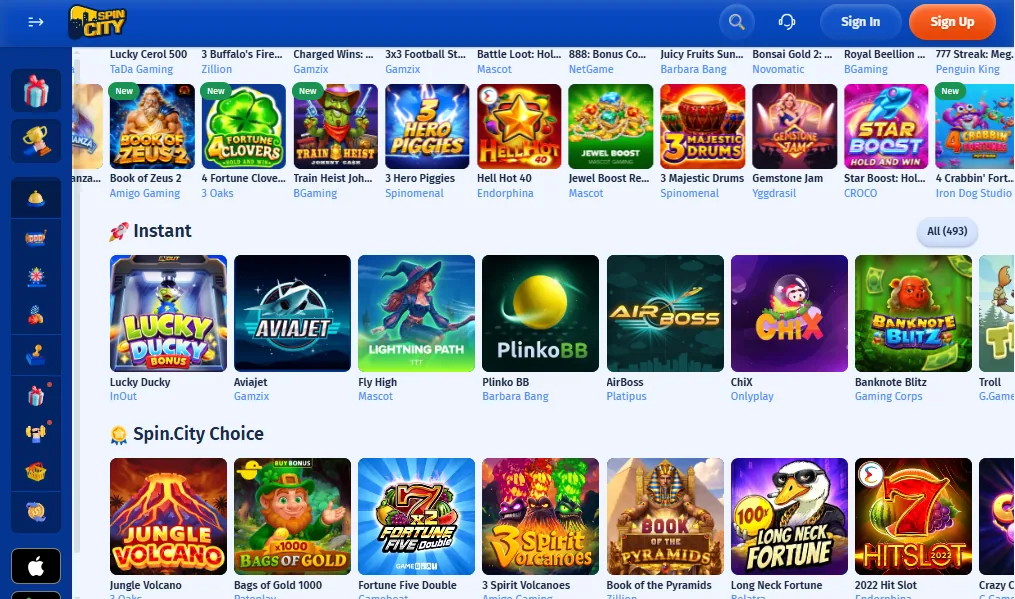 Screenshot of Spin City's games lobby