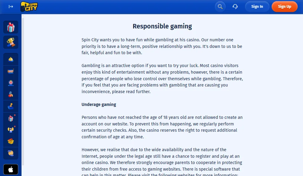 Screenshot of Spin City's responsible-gambling tools