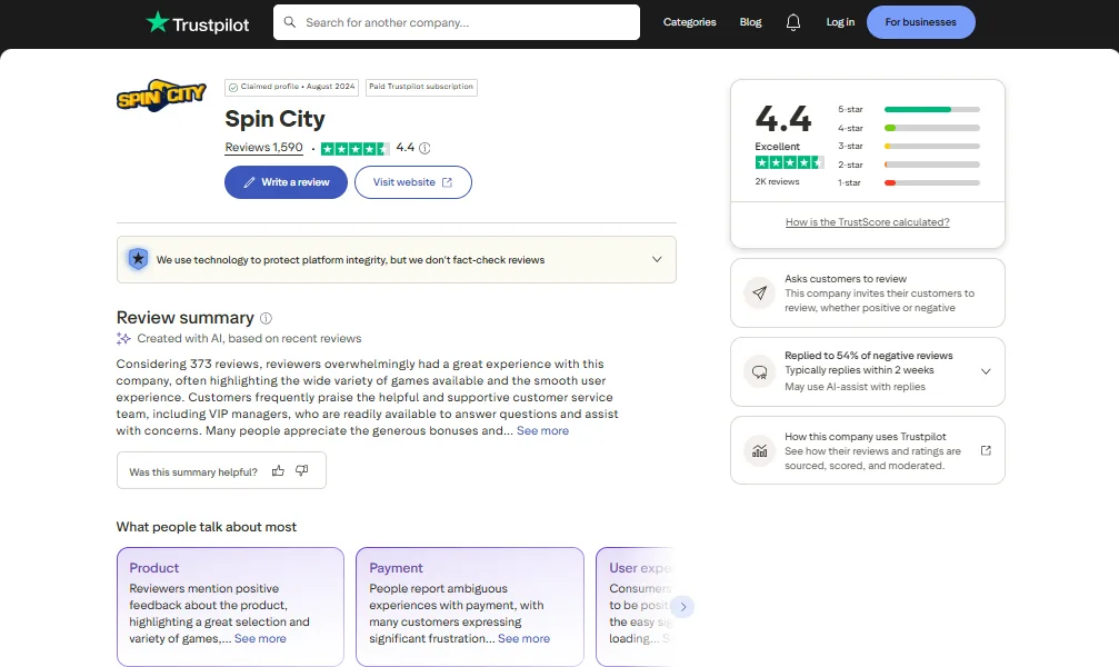 Screenshot of Spin City's Trustpilot rating overview