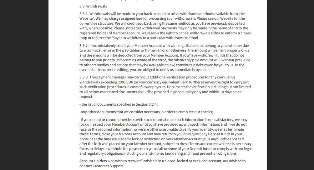 Screenshot of Spin City's withdrawal section and limits