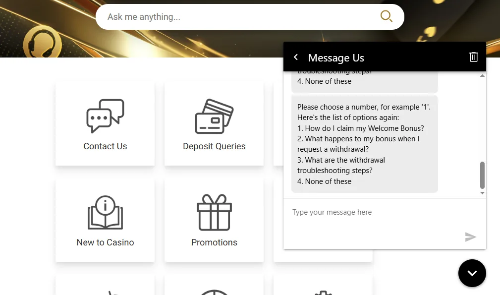 Screenshot of Spin Casino's live chat support window
