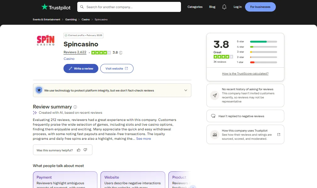 Screenshot of Spin Casino's Trustpilot rating overview